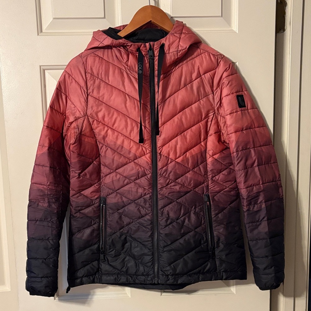 Lole Pink and Black Ombre puffer hooded Jacket women’s Medium